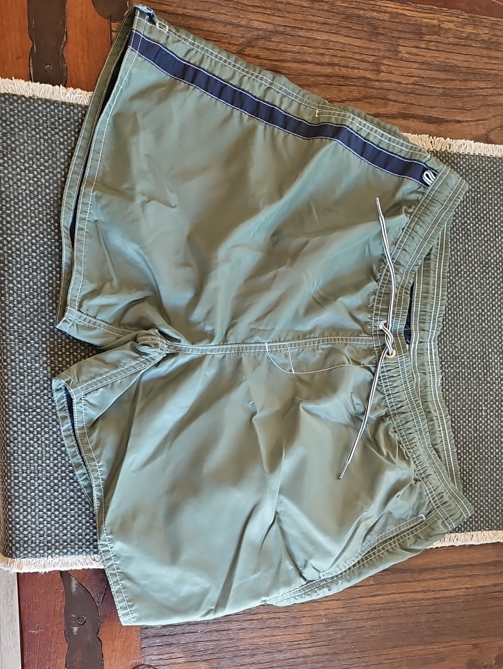 Birdwell Olive Swim Shorts with Red Logo Patch - Picture 3 of 4